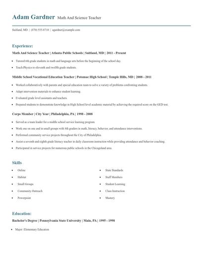 Math And Science Teacher Resume