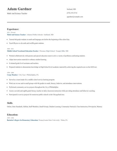 Math And Science Teacher Resume