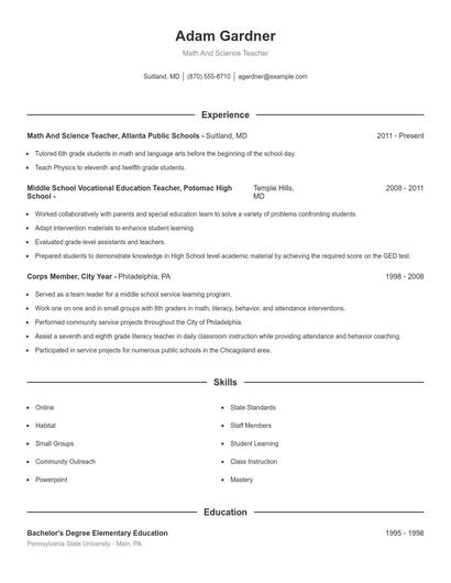 Math And Science Teacher Resume