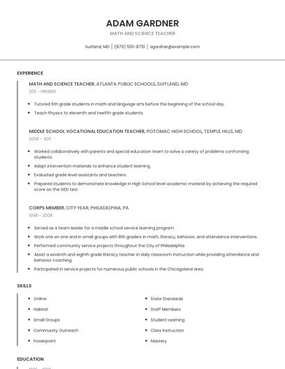 Math And Science Teacher Resume