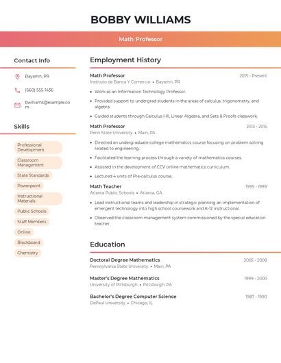 Math Professor Resume
