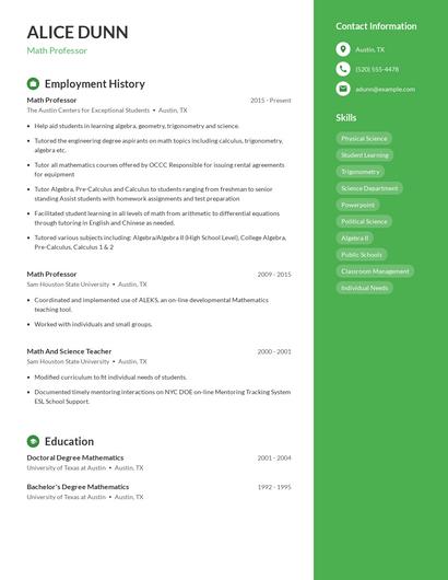 Math Professor Resume