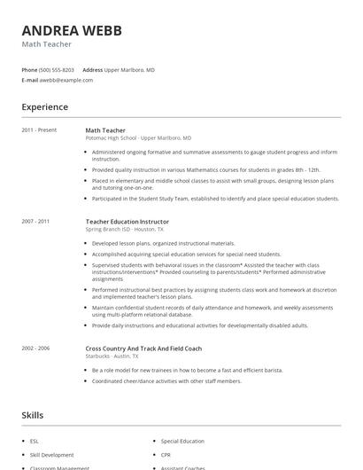 Math Teacher Resume