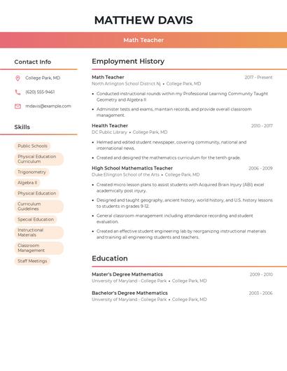 Math Teacher Resume