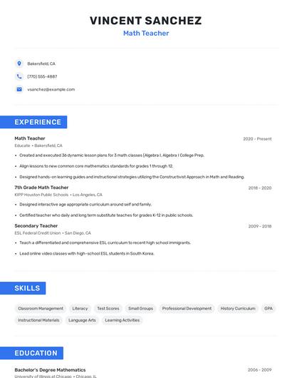 Math Teacher Resume
