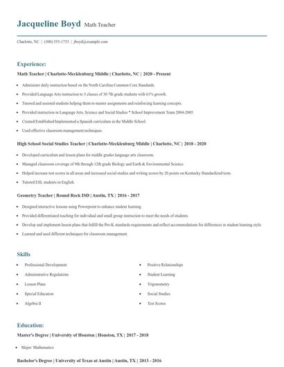 Math Teacher Resume