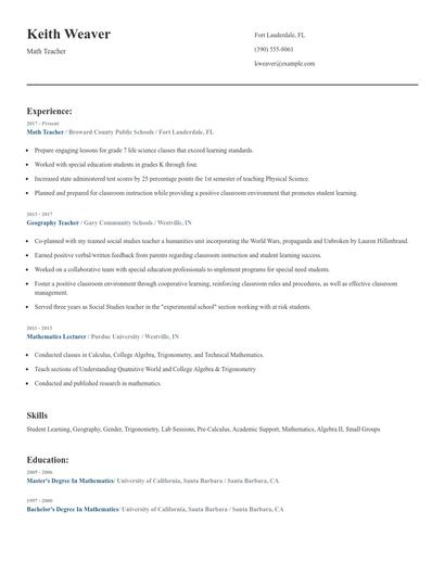 Math Teacher Resume
