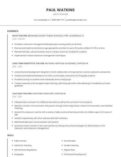 Math Teacher Resume