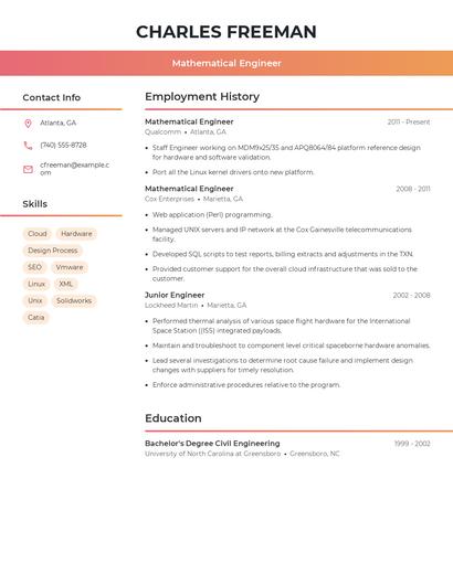 Mathematical Engineer Resume