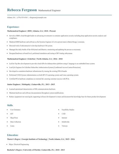 Mathematical Engineer Resume
