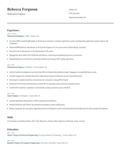 Mathematical Engineer Resume