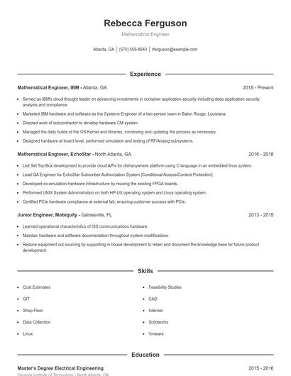 Mathematical Engineer Resume