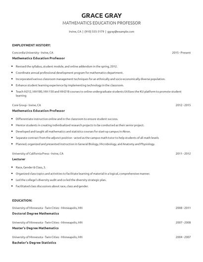 Mathematics Education Professor Resume