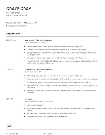 Mathematics Education Professor Resume