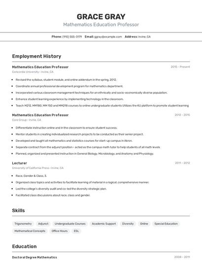 Mathematics Education Professor Resume