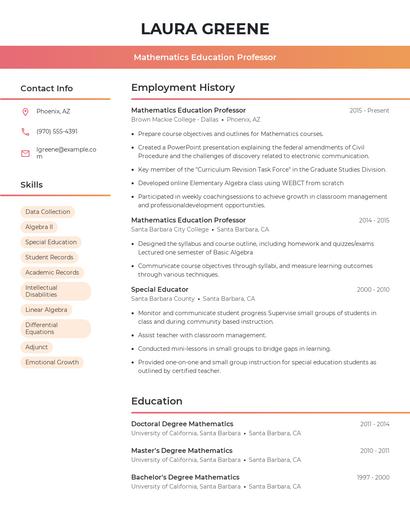 Mathematics Education Professor Resume