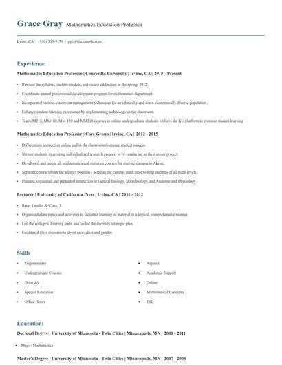 Mathematics Education Professor Resume