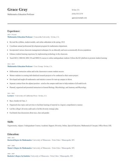 Mathematics Education Professor Resume