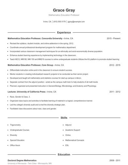 Mathematics Education Professor Resume