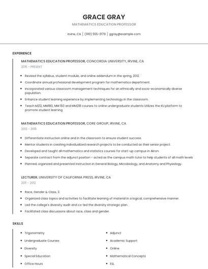 Mathematics Education Professor Resume