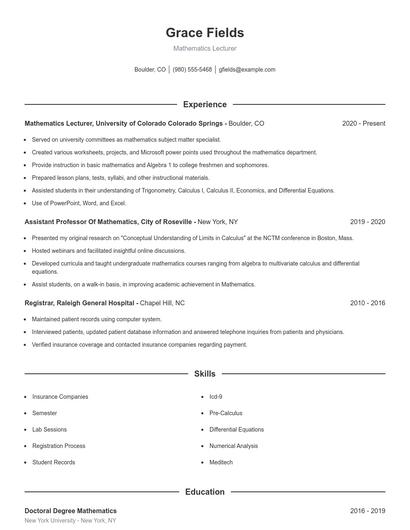 Mathematics Lecturer Resume