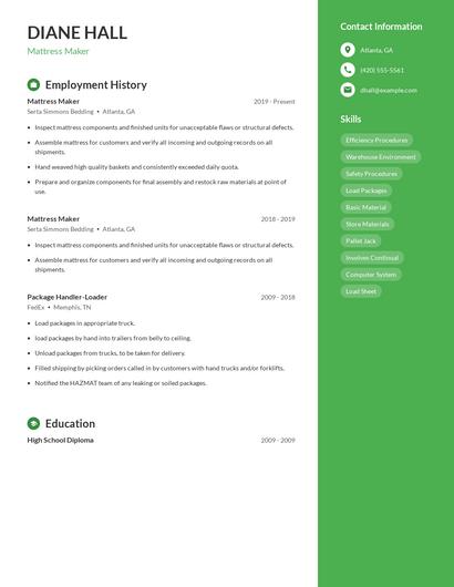 Mattress Maker Resume