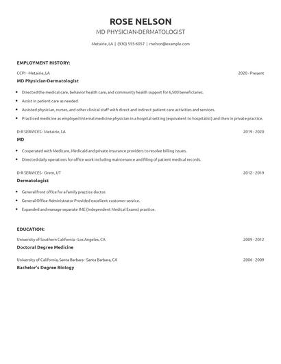 MD Physician-Dermatologist Resume