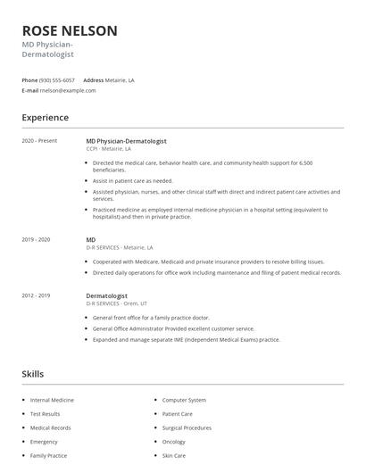 MD Physician-Dermatologist Resume