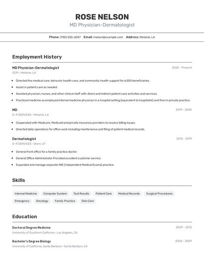 MD Physician-Dermatologist Resume