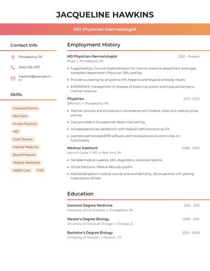 MD Physician-Dermatologist Resume