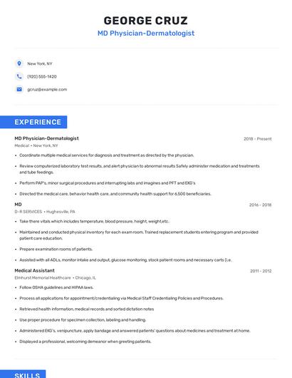 MD Physician-Dermatologist Resume