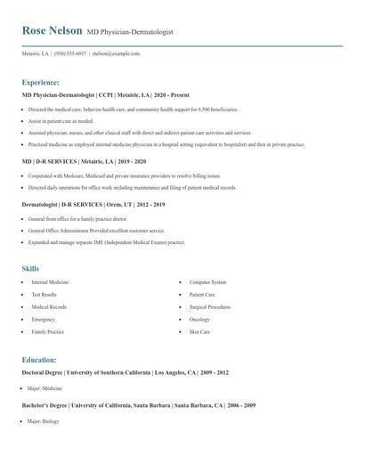 MD Physician-Dermatologist Resume