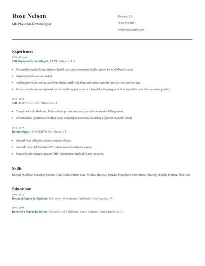 MD Physician-Dermatologist Resume