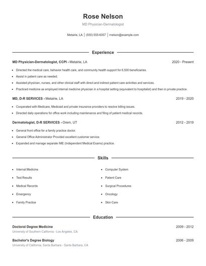 MD Physician-Dermatologist Resume