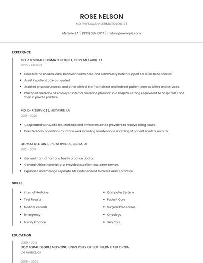 MD Physician-Dermatologist Resume