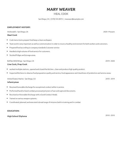Meal Cook Resume
