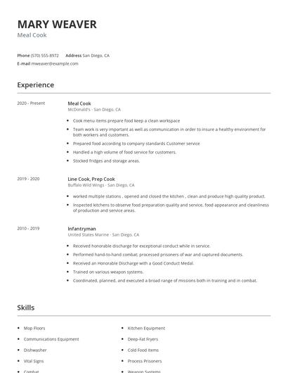 Meal Cook Resume