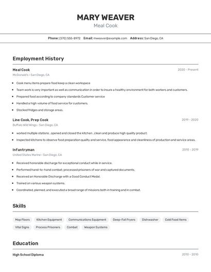 Meal Cook Resume