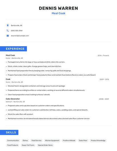Meal Cook Resume