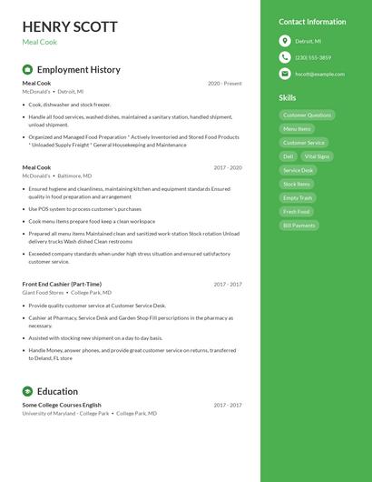 Meal Cook Resume