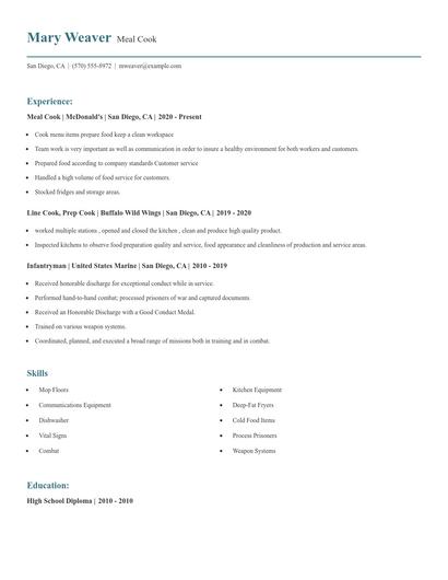 Meal Cook Resume