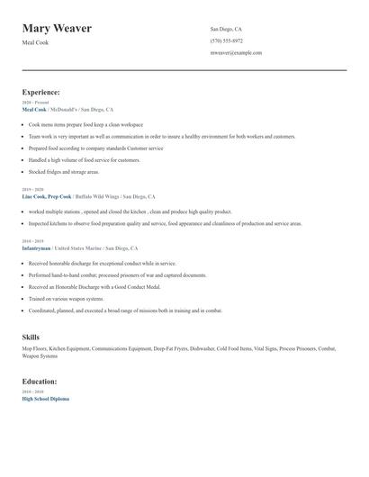 Meal Cook Resume
