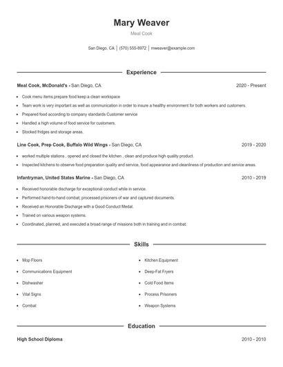 Meal Cook Resume