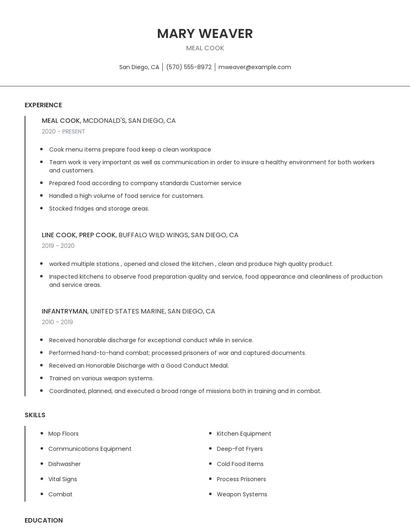 Meal Cook Resume