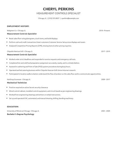 Measurement Controls Specialist Resume