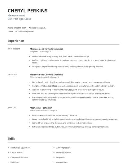 Measurement Controls Specialist Resume