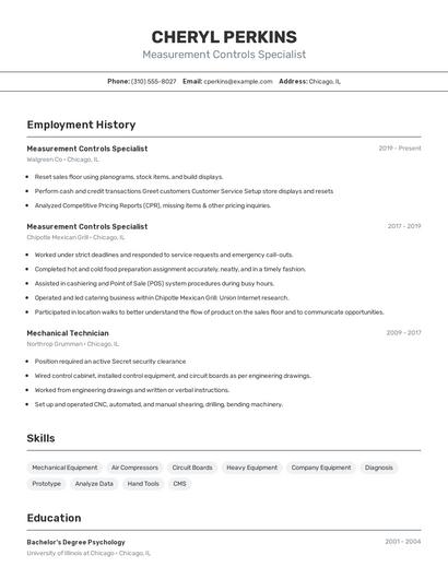 Measurement Controls Specialist Resume