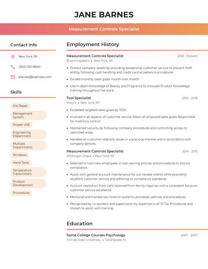 Measurement Controls Specialist Resume