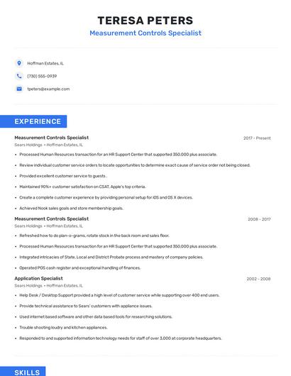 Measurement Controls Specialist Resume