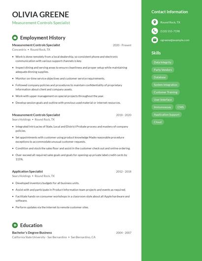 Measurement Controls Specialist Resume